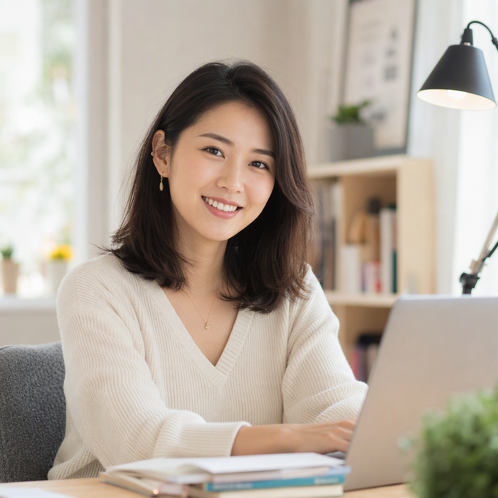 台灣女性同仁陳雅婷在明亮的居家工作空間微笑